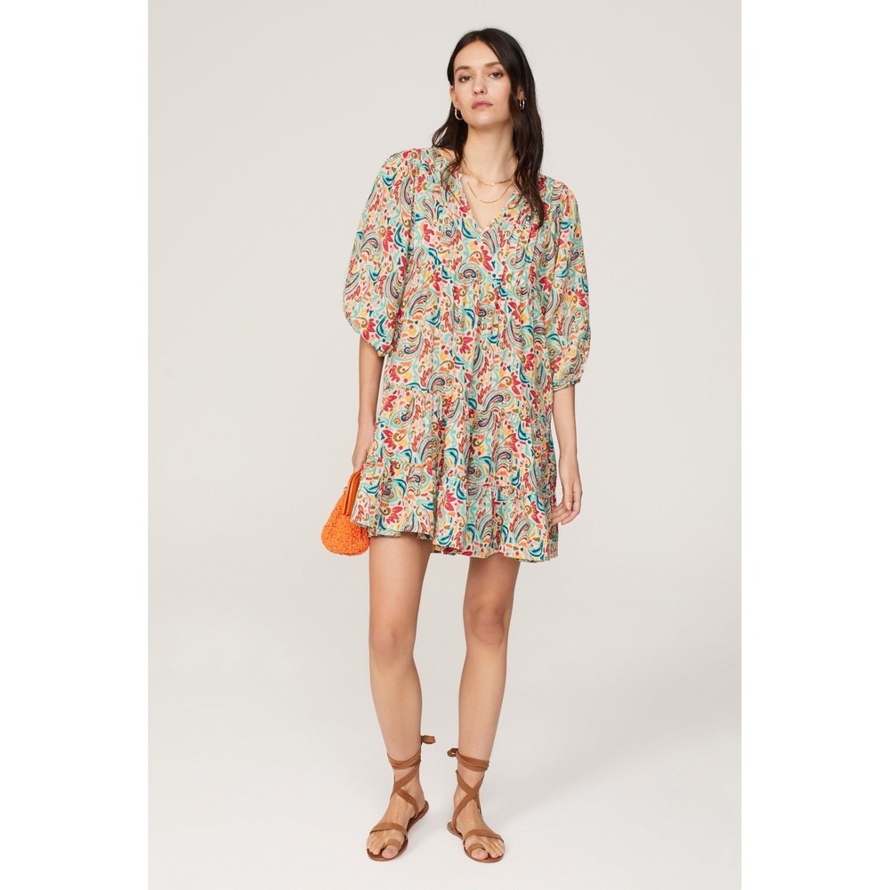 Marine Layer Paisley Tiered Mini Dress Multi Color Cotton Gauze Size L